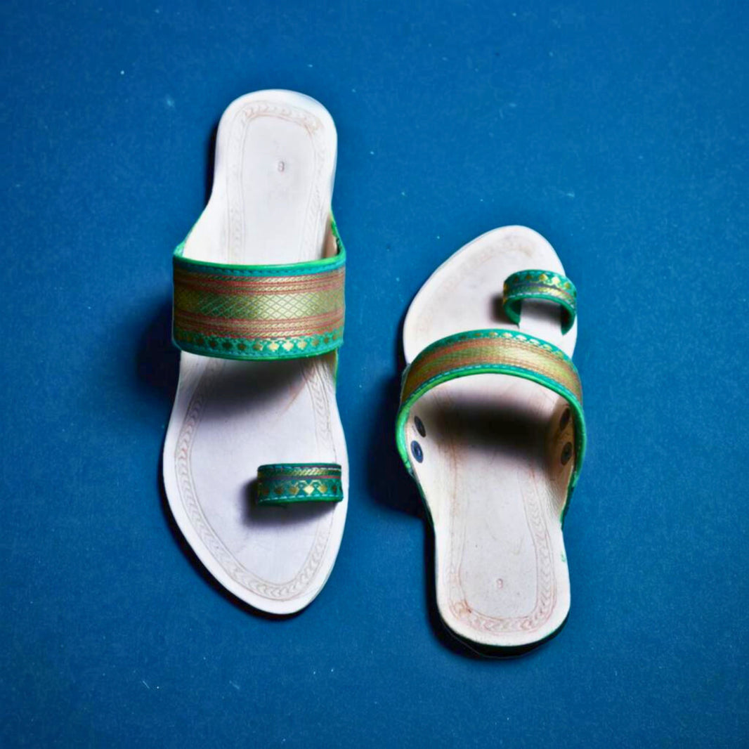 KOLHAPURI CHAPPAL, Kolhapuri Paithani Ladies Leather Footwear, Green White Colour Pack Of 1