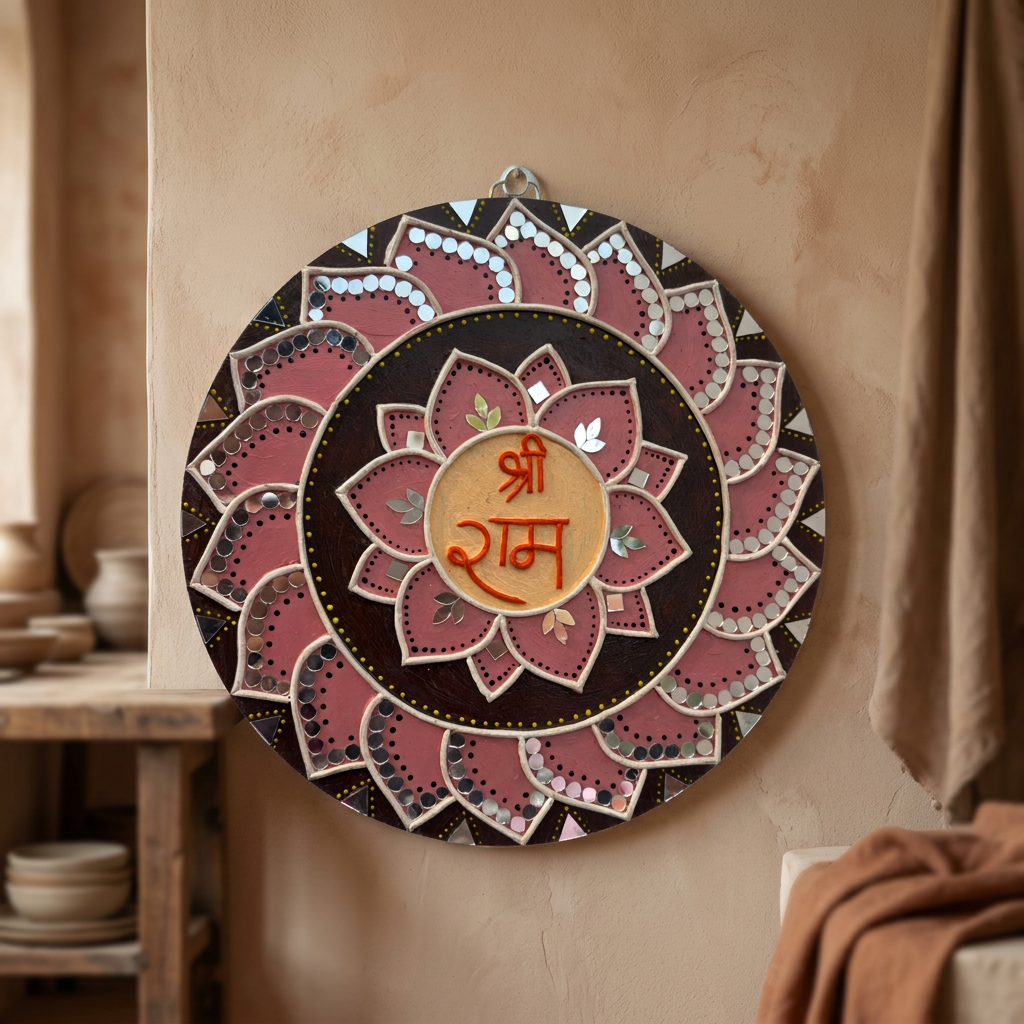 SUJATA CREATIONS Circle Shri Ram Lippan Art 10 Inch Round Handmade Devotional Wall Showpiece Spiritual Home Decor Pack of 1 Piece