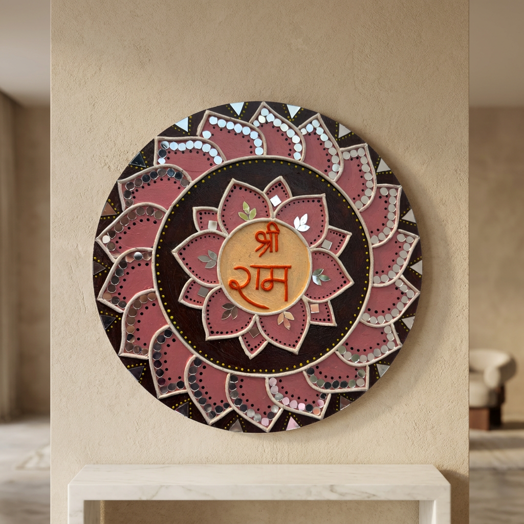 SUJATA CREATIONS Circle Shri Ram Lippan Art 10 Inch Round Handmade Devotional Wall Showpiece Spiritual Home Decor Pack of 1 Piece