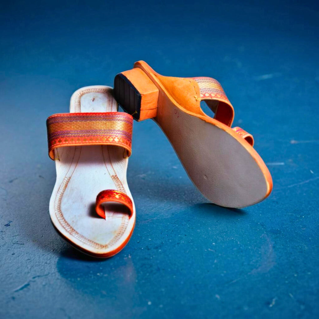 KOLHAPURI CHAPPAL, Kolhapuri Paithani Ladies Leather Footwear, Orange White Colour Pack Of 1