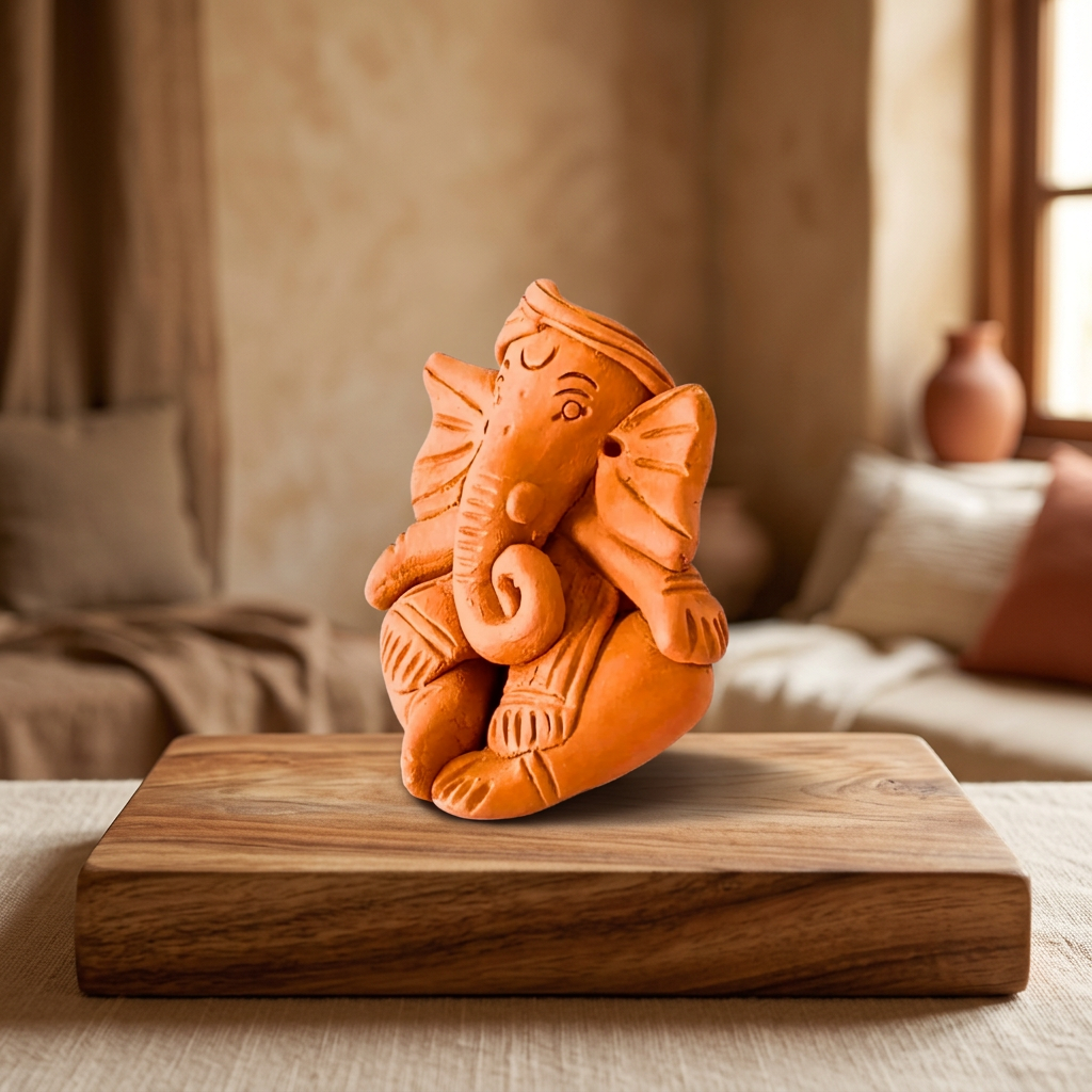 SADGURU Eco Friendly Baitha Ganapati Handcrafted Terracotta Idol Made from Natural Soil Traditional Pottery Craft Pack of 1