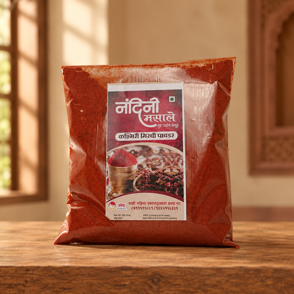 NANDINI MASALE, Kashmiri Mirch Powder, Sakhi SHG, Natural Ingredients, No Artificial Essence, Pack of 200 gm