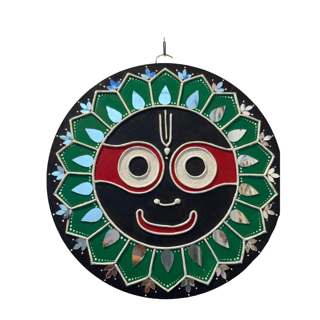 SUJATA CREATIONS Dark Green Jay Jagannath Lippan Art 10 Inch Round Handmade Devotional Wall Showpiece Spiritual Home Decor Pack of 1 Piece