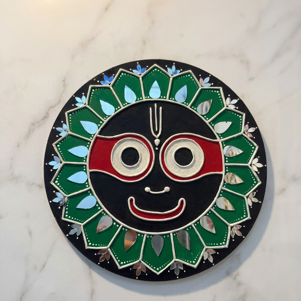 SUJATA CREATIONS Dark Green Jay Jagannath Lippan Art 10 Inch Round Handmade Devotional Wall Showpiece Spiritual Home Decor Pack of 1 Piece