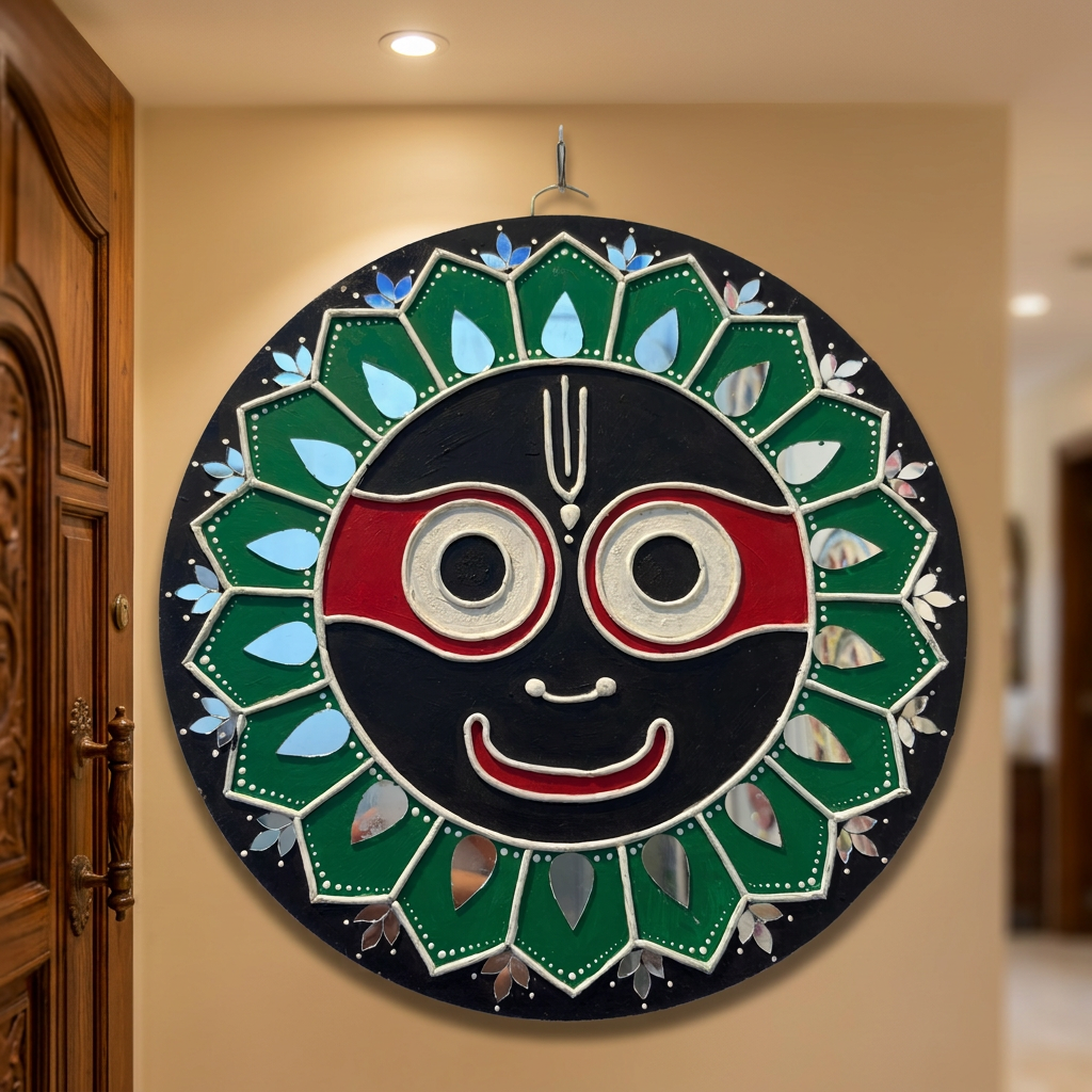SUJATA CREATIONS Dark Green Jay Jagannath Lippan Art 10 Inch Round Handmade Devotional Wall Showpiece Spiritual Home Decor Pack of 1 Piece
