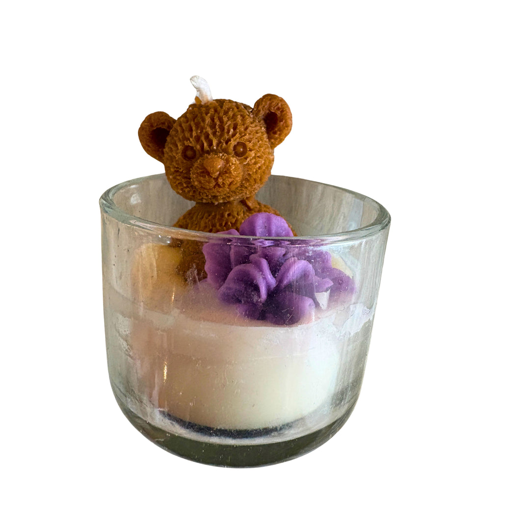 HANDCRAFTED BLISS Teddy with Flower Candle 3x2.5 Inch Handmade Decorative Candle with Glass Bowl Cute Gift Home Decor Pack of 1 Piece