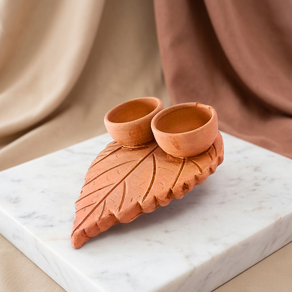 SADGURU Eco Friendly Haldi Kunku Karanda Leaf Design Handcrafted Terracotta Ritual Bowl Made from Natural Soil Traditional Pottery Craft Pack of 1