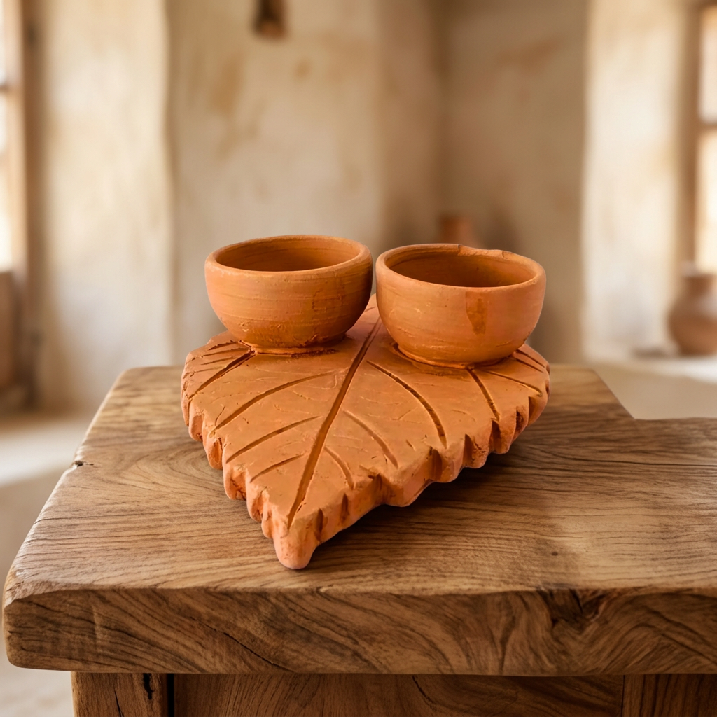 SADGURU Eco Friendly Haldi Kunku Karanda Leaf Design Handcrafted Terracotta Ritual Bowl Made from Natural Soil Traditional Pottery Craft Pack of 1
