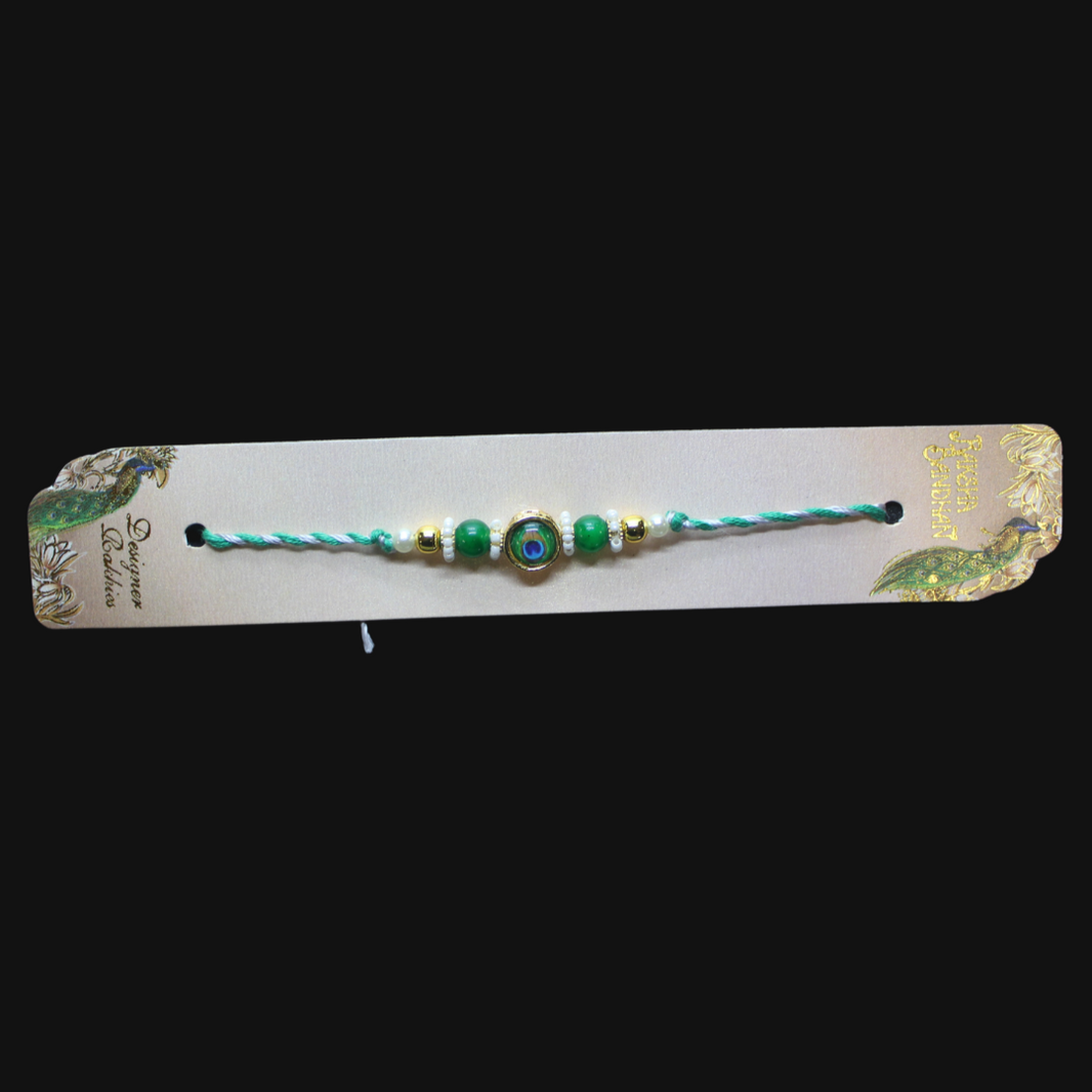 Arya, Handcrafted Artisan Crafted Green Bead Rakhi with Peacock Charm, Local Craftsmanship, Pack Of 1