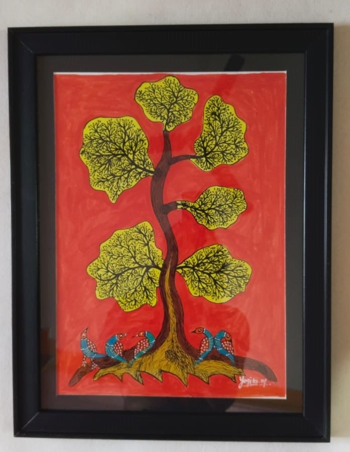 SHILPI SAKHI, Tribal Wall Art Vibrant Red Tree and Birds Decor, Local Craftsmanship, Pack Of 1