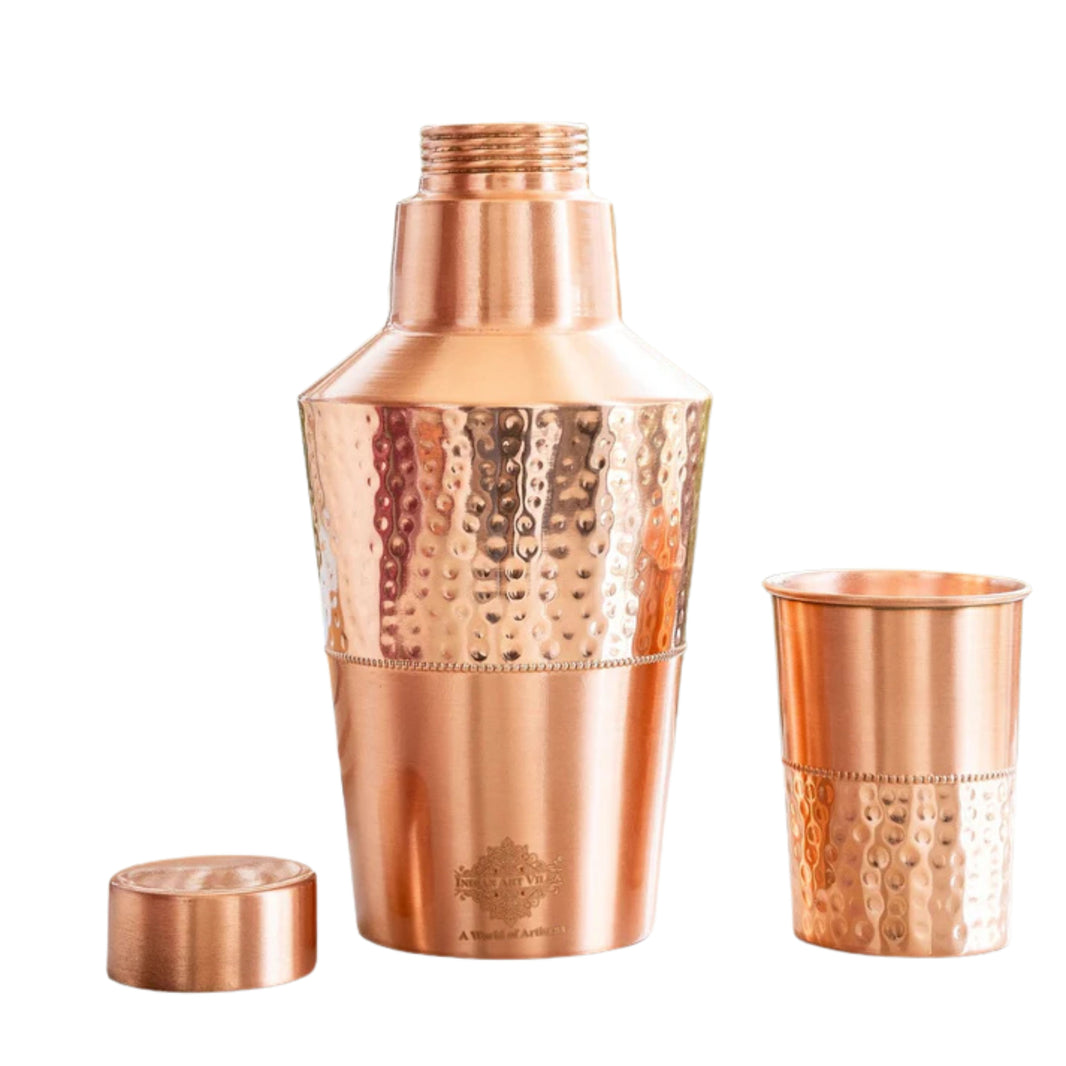 GRAMIN ARTIST Pure Copper Bedroom Bottle With Glass 1400ml Pack Of 1 Piece Premium Water Storage Set Elegant Health Drinkware