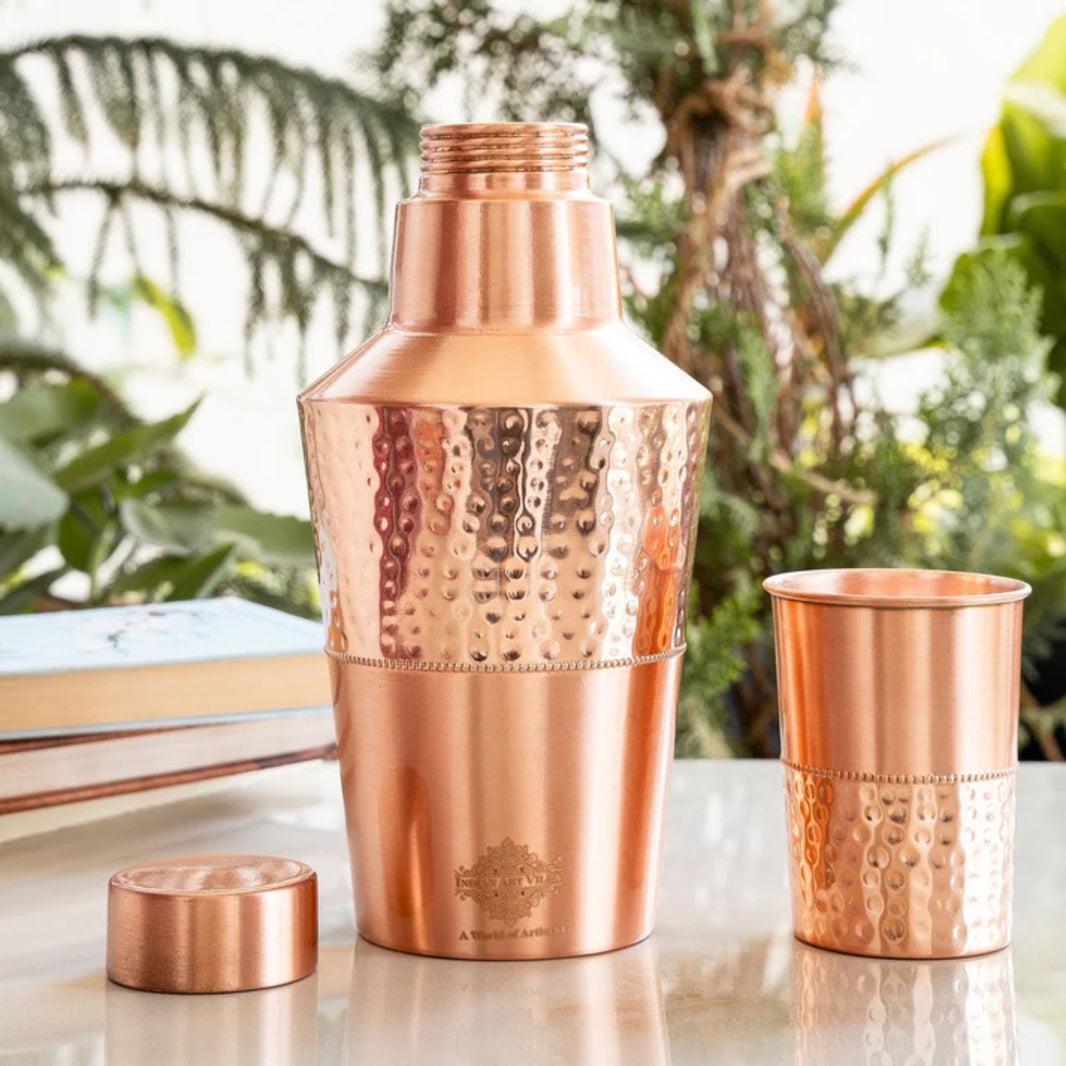GRAMIN ARTIST Pure Copper Bedroom Bottle With Glass 1400ml Pack Of 1 Piece Premium Water Storage Set Elegant Health Drinkware