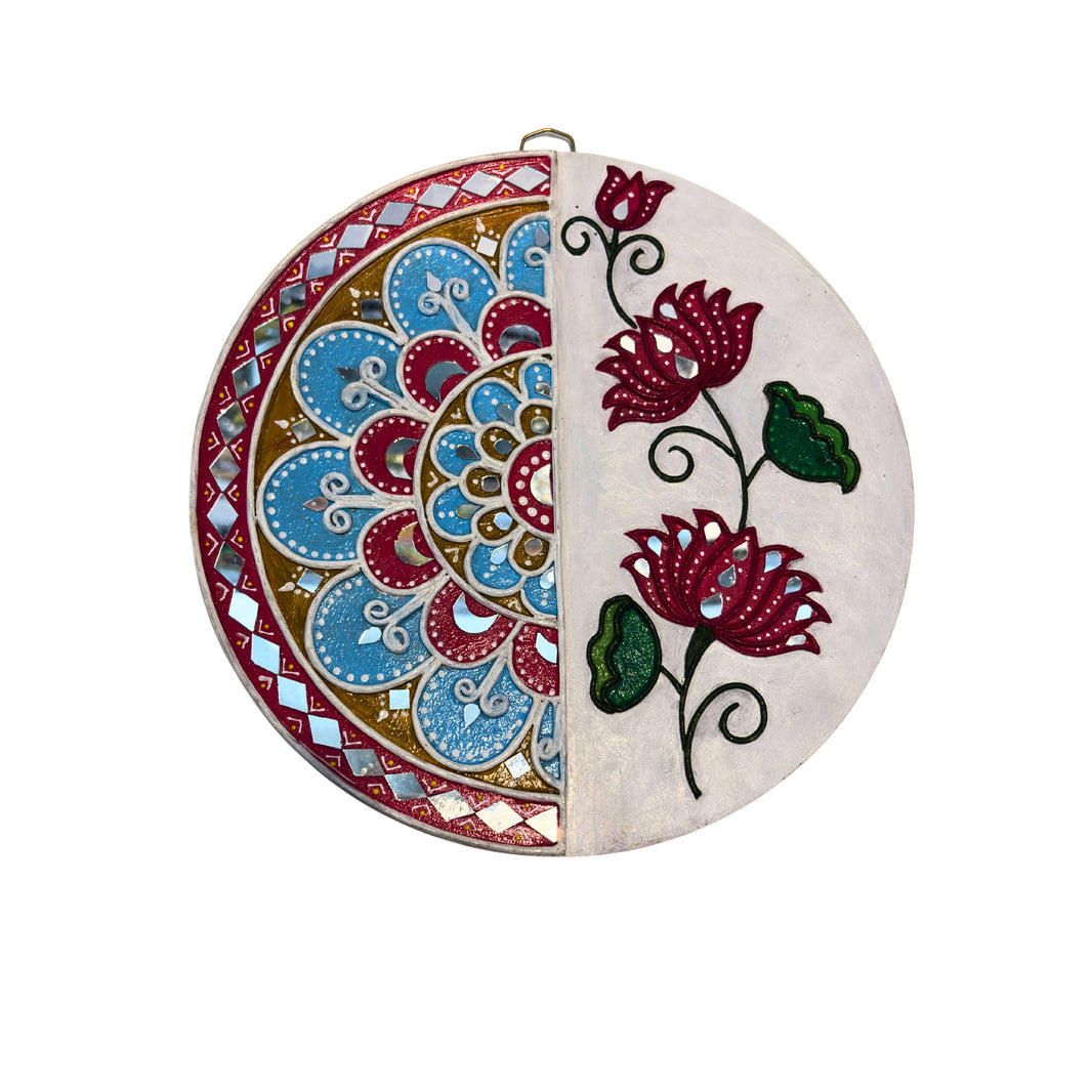 SUJATA CREATIONS Half Rangoli Flower Lippan Art 10 Inch Round Handmade Decorative Wall Showpiece Traditional Art Pack of 1 Piece