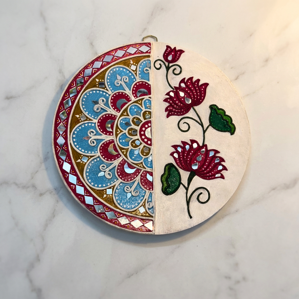 SUJATA CREATIONS Half Rangoli Flower Lippan Art 10 Inch Round Handmade Decorative Wall Showpiece Traditional Art Pack of 1 Piece