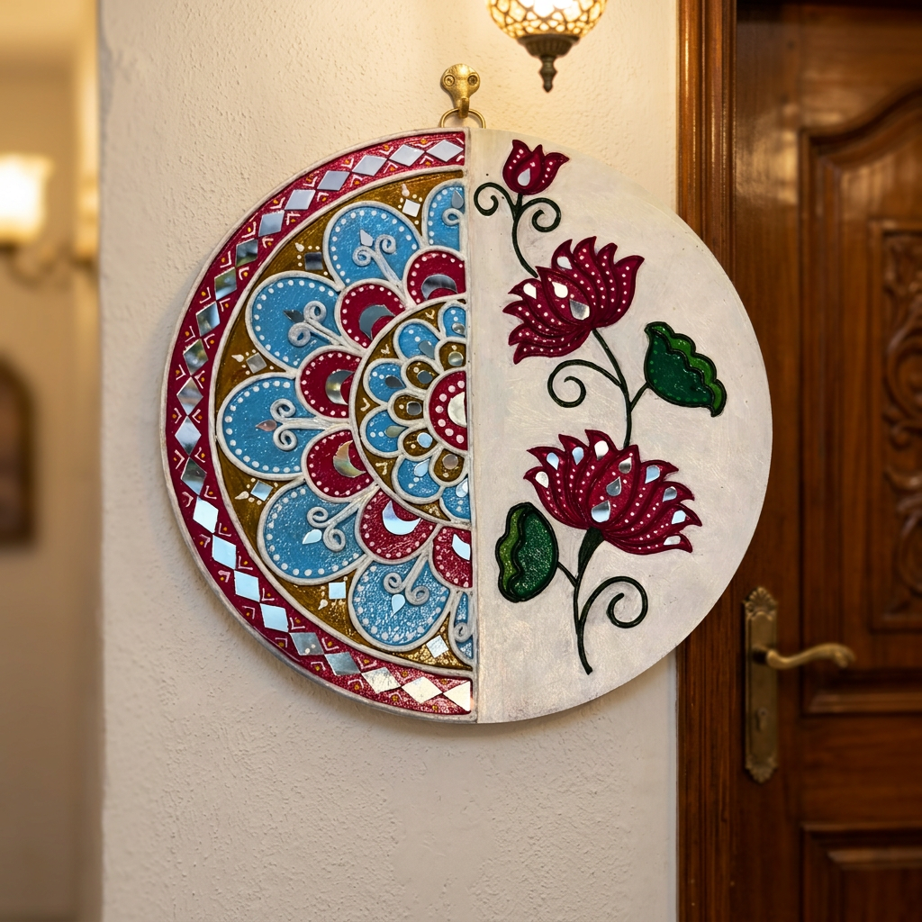 SUJATA CREATIONS Half Rangoli Flower Lippan Art 10 Inch Round Handmade Decorative Wall Showpiece Traditional Art Pack of 1 Piece