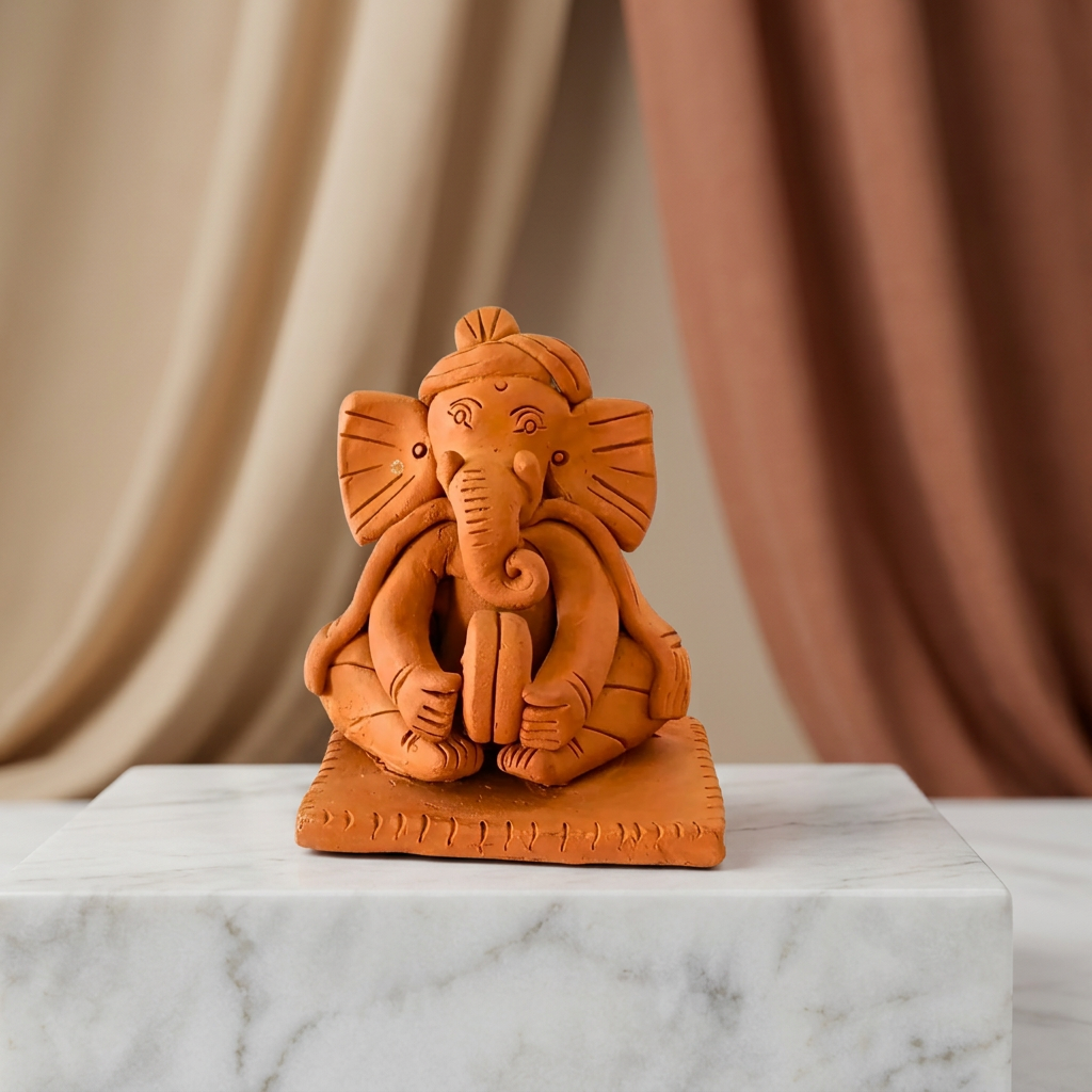 SADGURU Eco Friendly Ganapati Playing Taal Handcrafted Terracotta Idol Made from Natural Soil Traditional Pottery Craft Pack of 1