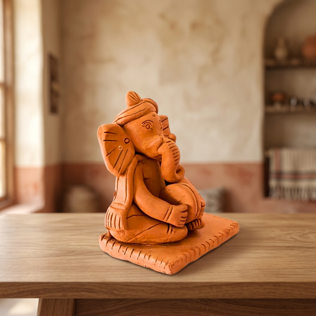 SADGURU Eco Friendly Ganapati Playing Taal Handcrafted Terracotta Idol Made from Natural Soil Traditional Pottery Craft Pack of 1