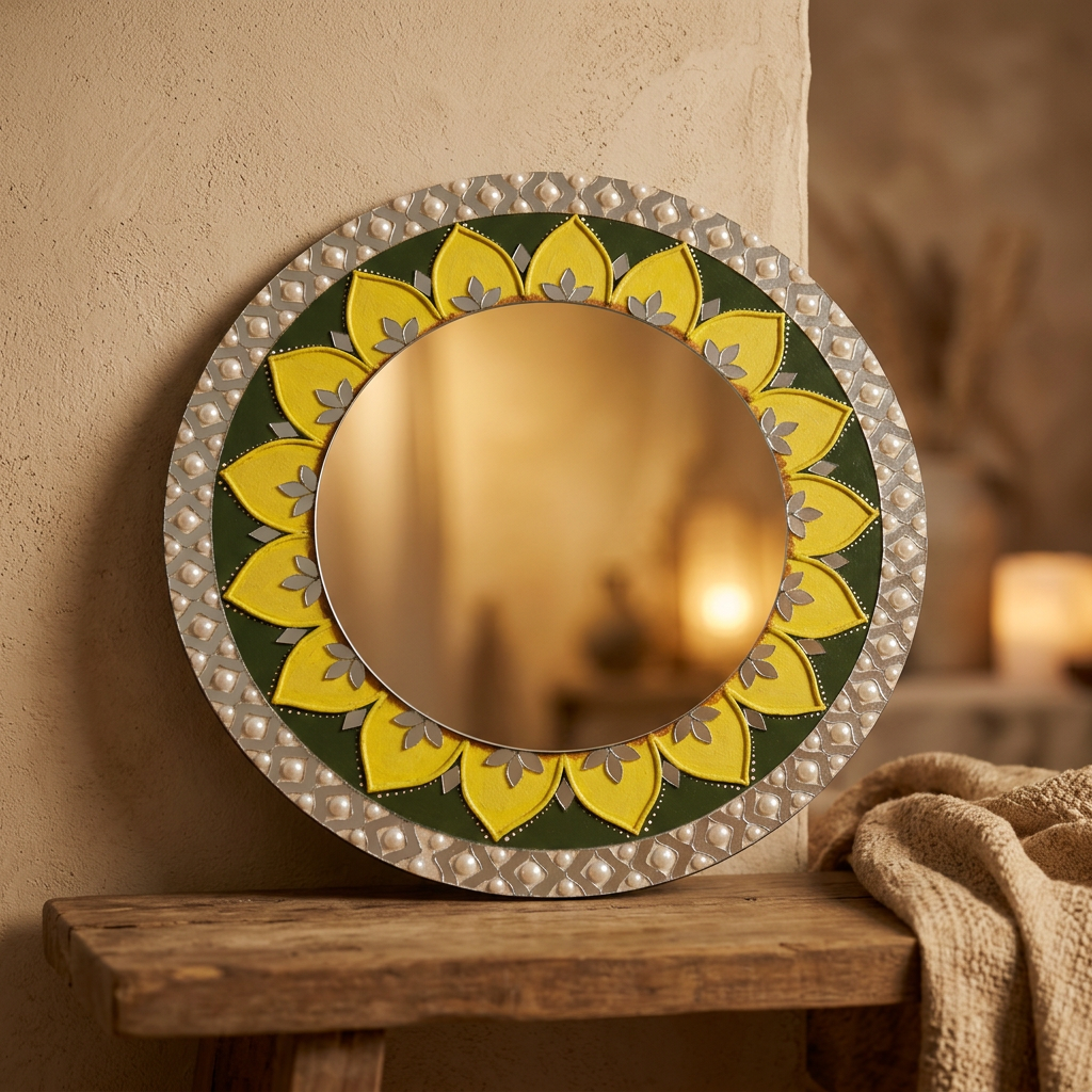 SUJATA CREATIONS Mirror Yellow Border Lippan Art 15 Inch Round Handmade Decorative Wall Showpiece Ethnic Home Decor Pack of 1 Piece