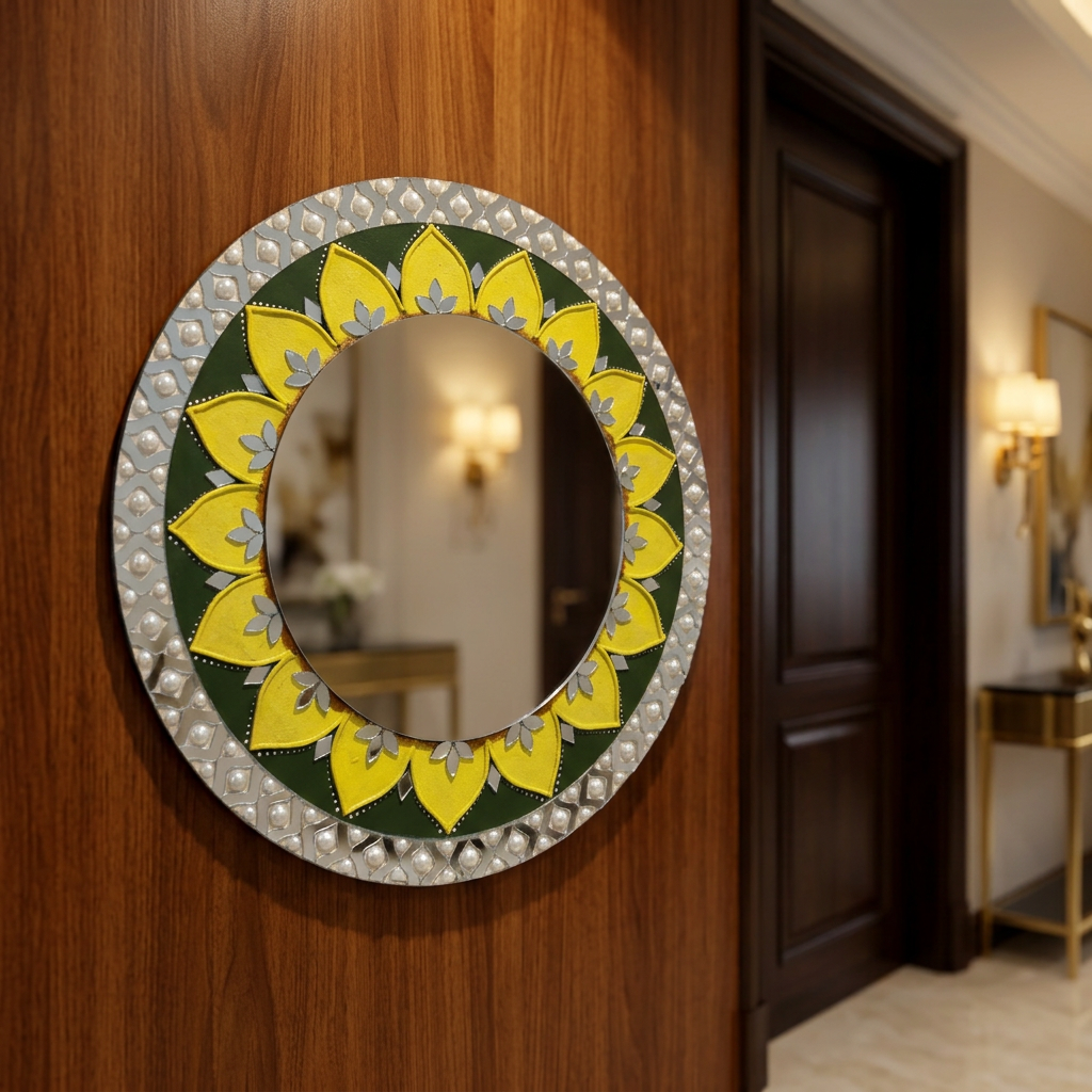 SUJATA CREATIONS Mirror Yellow Border Lippan Art 15 Inch Round Handmade Decorative Wall Showpiece Ethnic Home Decor Pack of 1 Piece