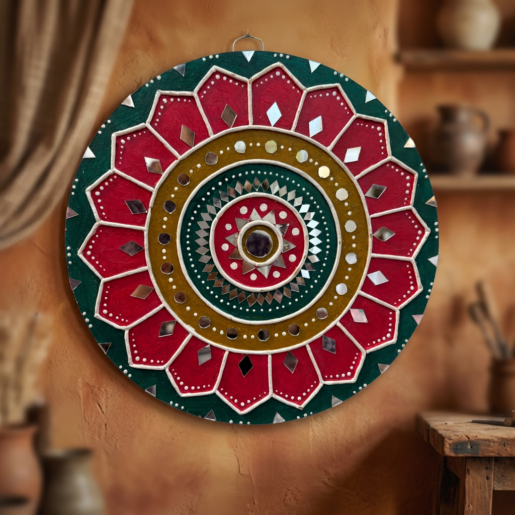 SUJATA CREATIONS Green Circle Red Floral Lippan Art 10 Inch Round Handmade Decorative Wall Showpiece Traditional Art Pack of 1 Piece