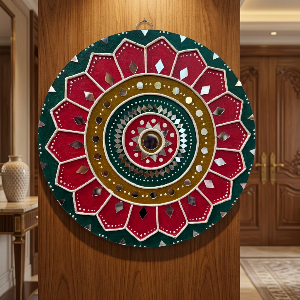 SUJATA CREATIONS Green Circle Red Floral Lippan Art 10 Inch Round Handmade Decorative Wall Showpiece Traditional Art Pack of 1 Piece