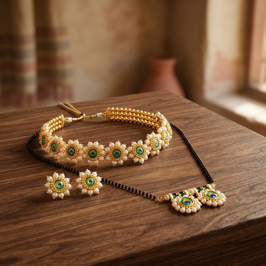 EKTA HANDMADE JEWELLERY Handmade Morpis Mangalsutra Artificial Necklace Pack of 1 Piece Traditional Elegant Lightweight Cultural Pearl Beaded Durable Artisan Crafted Festive Daily Wear Design