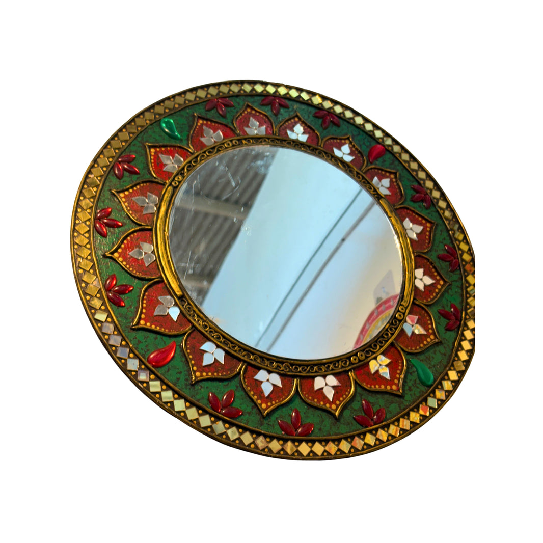 SUJATA CREATIONS Mirror Green Border Lippan Art 12 Inch Round Handmade Decorative Wall Showpiece Ethnic Home Decor Pack of 1 Piece