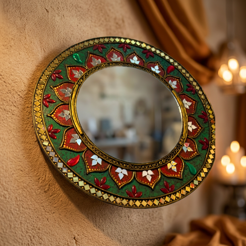 SUJATA CREATIONS Mirror Green Border Lippan Art 12 Inch Round Handmade Decorative Wall Showpiece Ethnic Home Decor Pack of 1 Piece