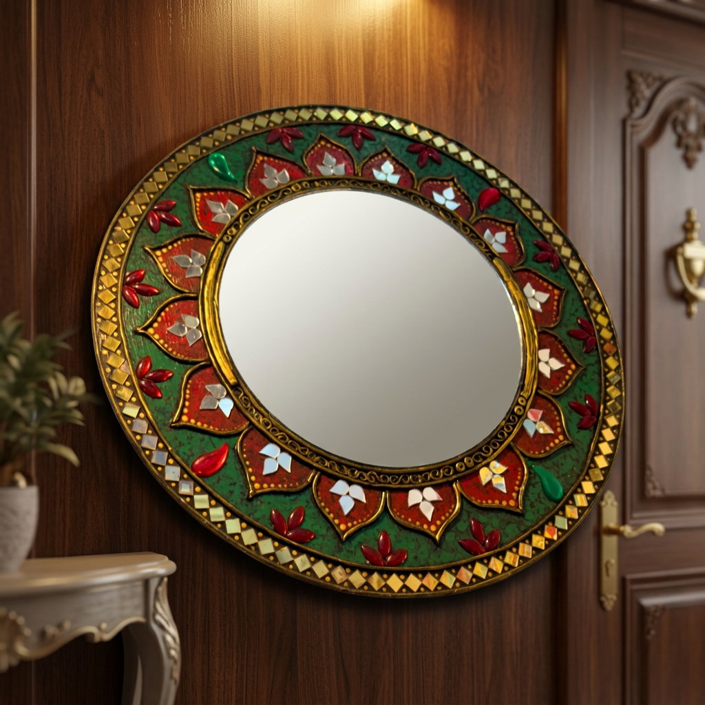 SUJATA CREATIONS Mirror Green Border Lippan Art 12 Inch Round Handmade Decorative Wall Showpiece Ethnic Home Decor Pack of 1 Piece