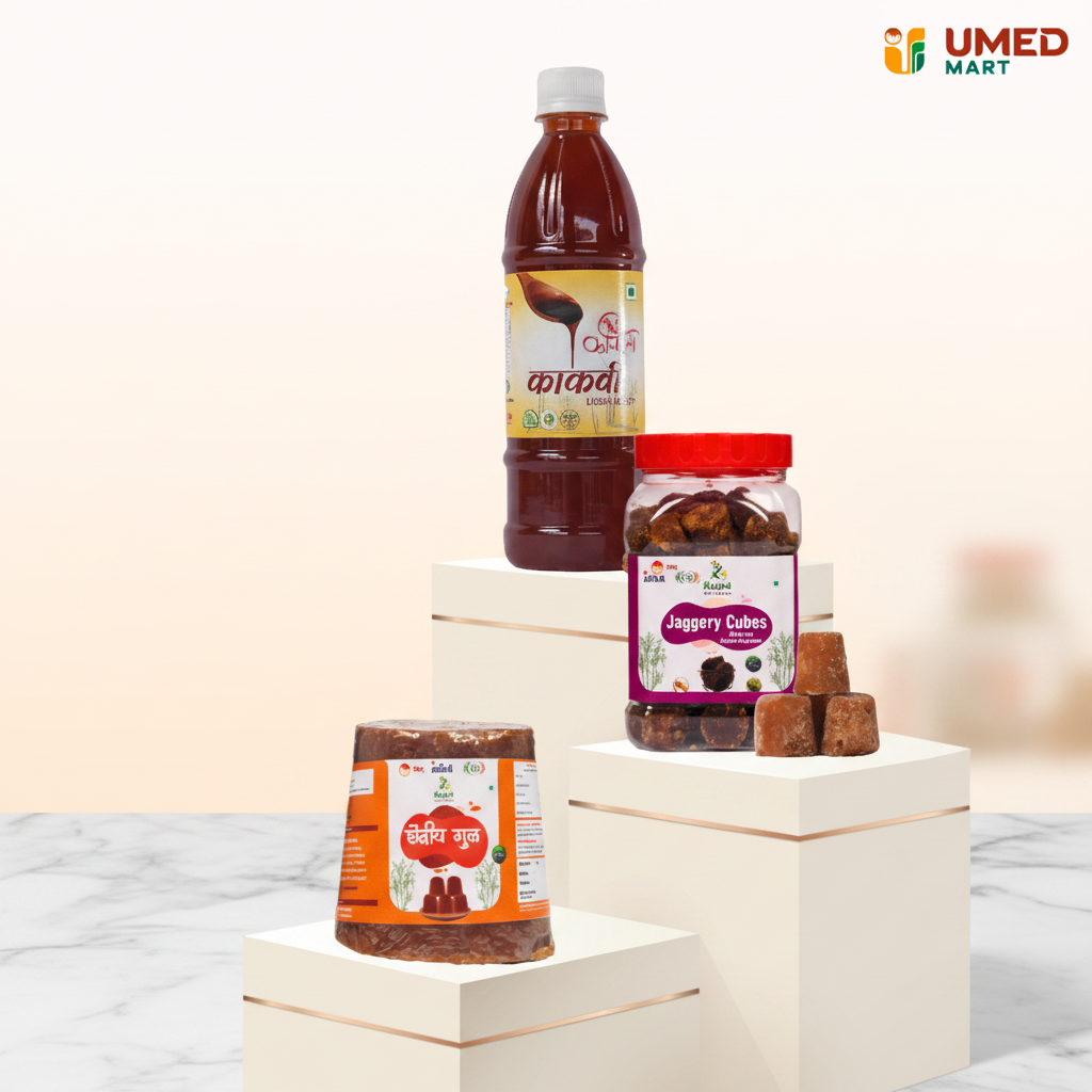 Pure Deshi Gul Combo Pack (Jaggery Cubes 450gm + Jaggery 950gm + Kakavi - Liquid Jaggery 450ml), Natural, Chemical Free