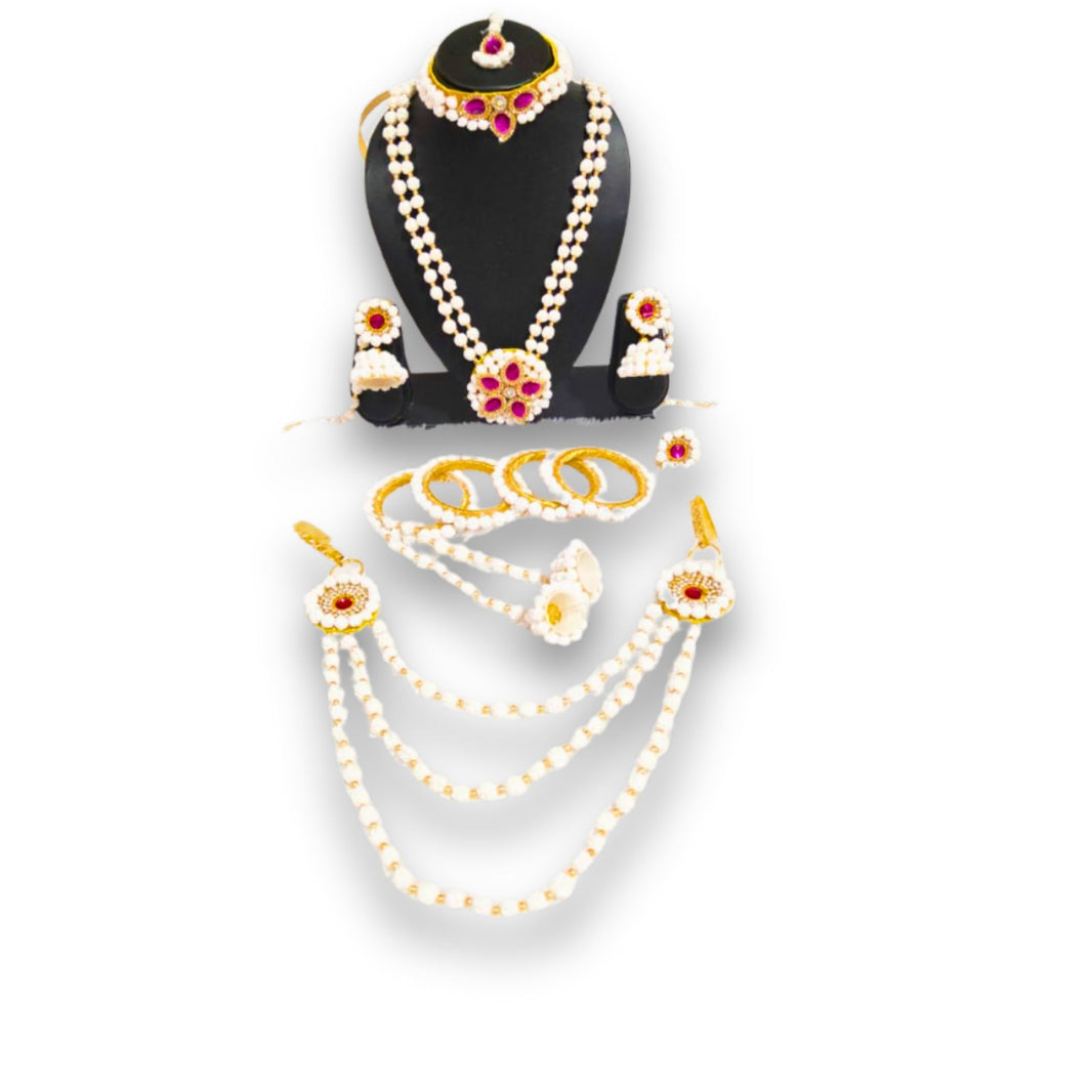 SMITA CREATION, Elegant White Pearl & Red Stone Jewelry Set, Local Craftsmanship, Pack of 1 no