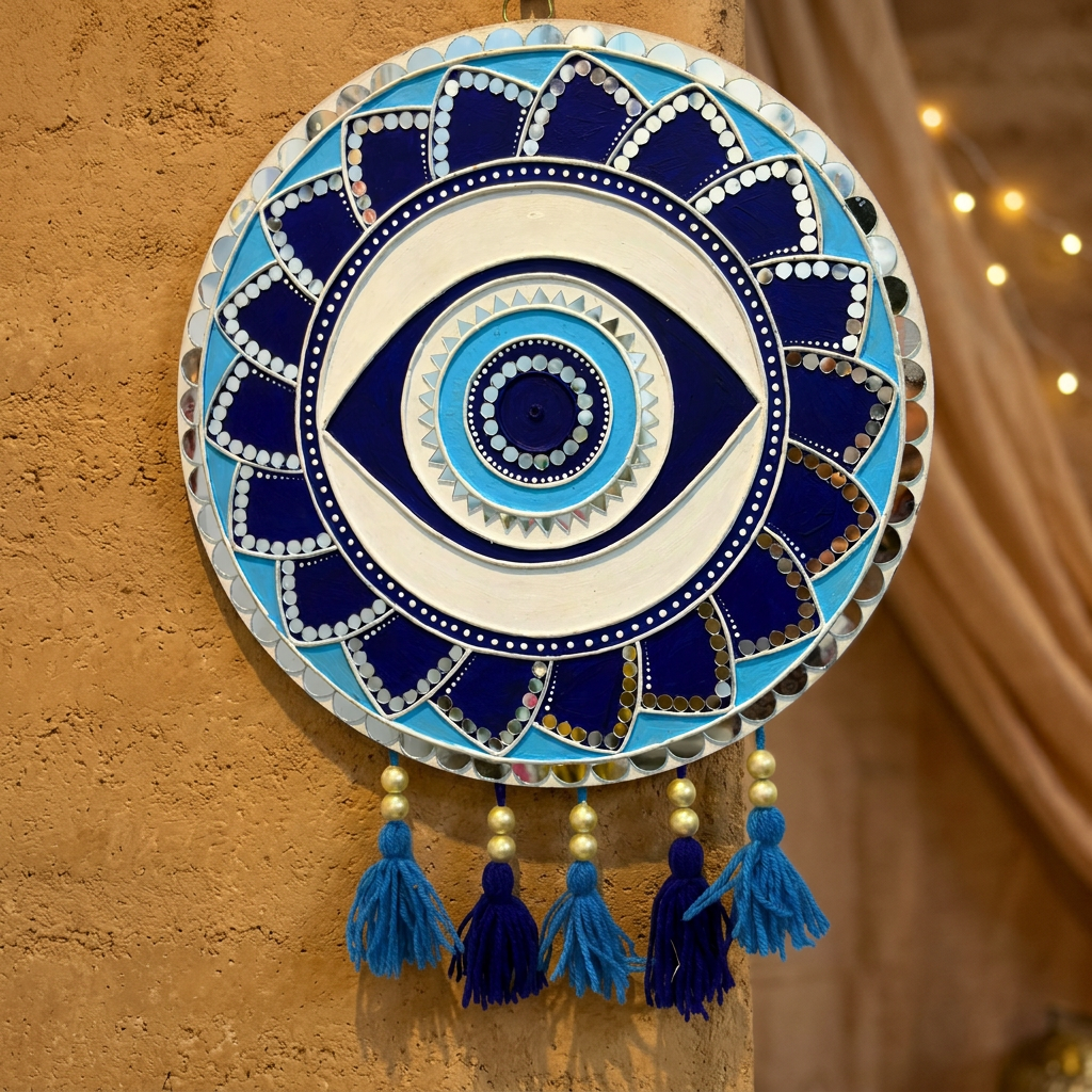 SUJATA CREATIONS Evil Eye Blue Lippan Art 12 Inch Round Handmade Decorative Protection Wall Showpiece Pack of 1 Piece