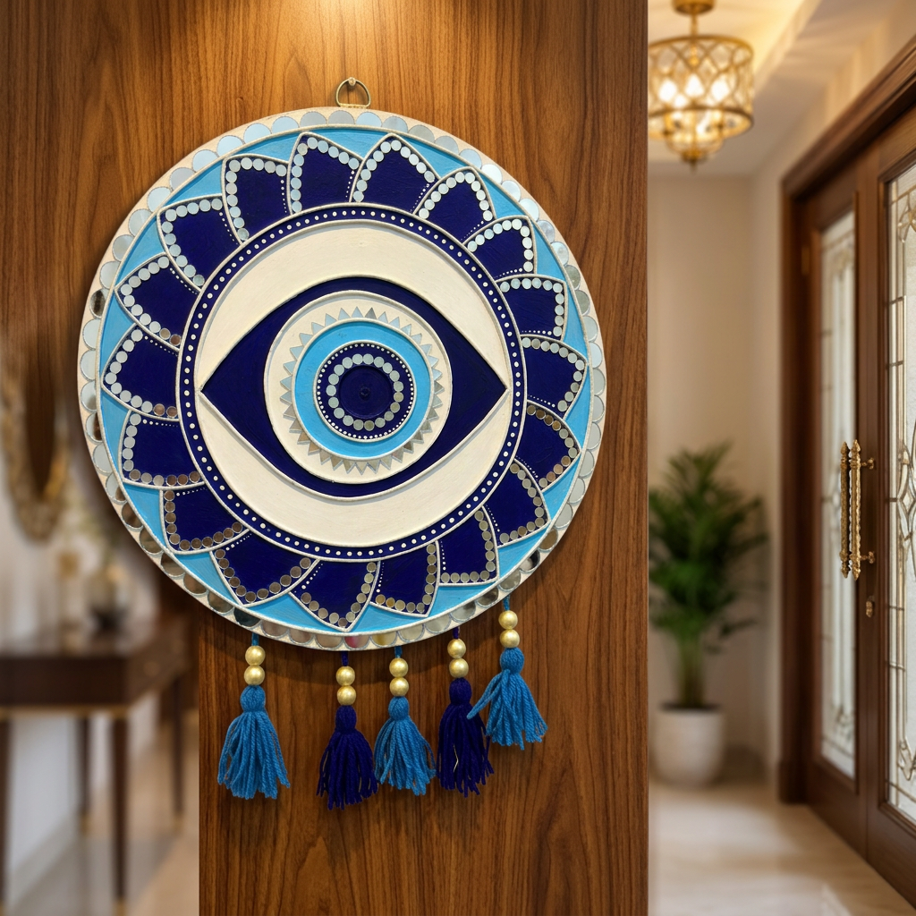 SUJATA CREATIONS Evil Eye Blue Lippan Art 12 Inch Round Handmade Decorative Protection Wall Showpiece Pack of 1 Piece
