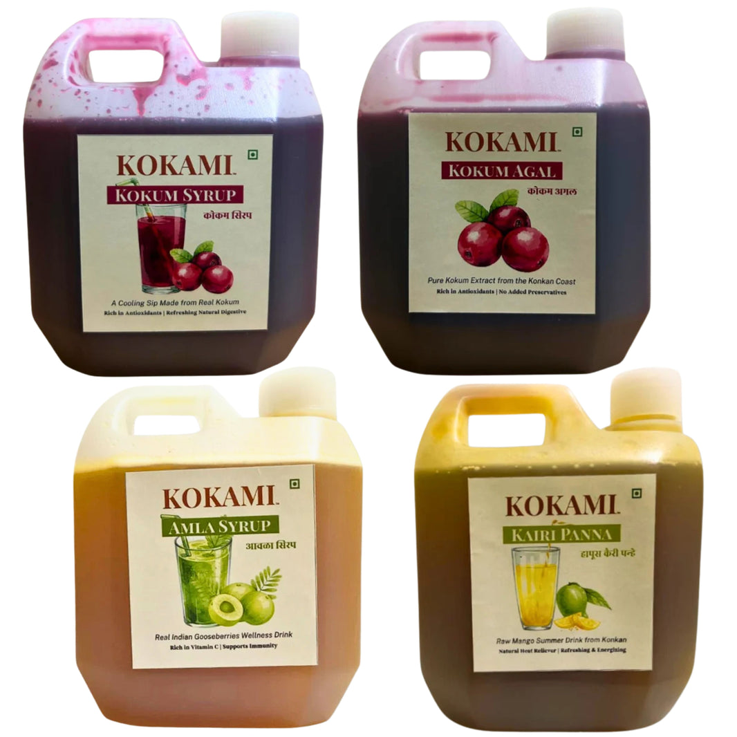 KOKAMI Amla Sharbat, Kokum Sharbat, Kokum Agal & Kairi Panna Combo, Durgalaxmi SHG, Traditional Summer Drink, 1 Pack of 500ml Each