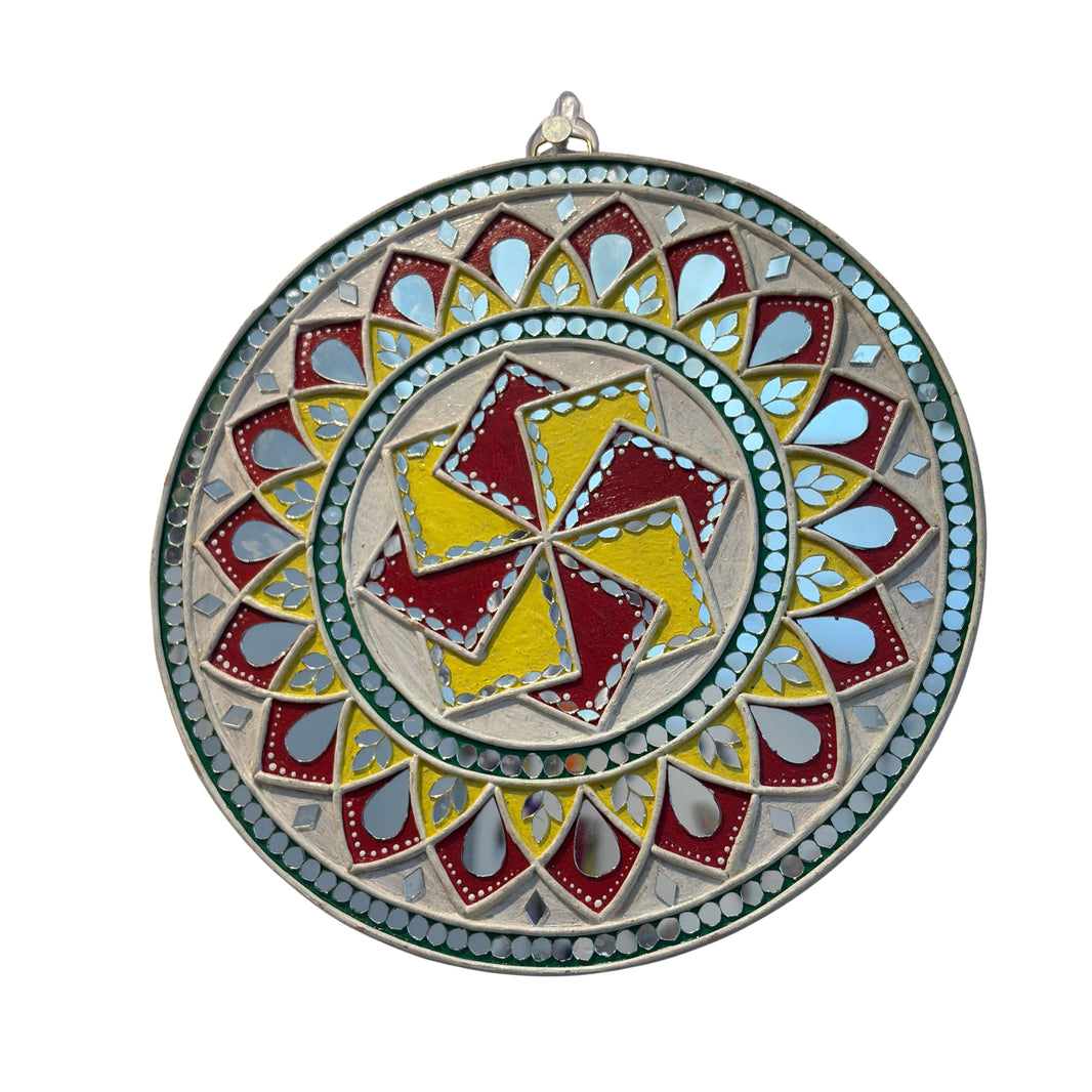 SUJATA CREATIONS Multi Swastik Lippan Art 10 Inch Round Handmade Auspicious Wall Showpiece Traditional Decor Pack of 1 Piece