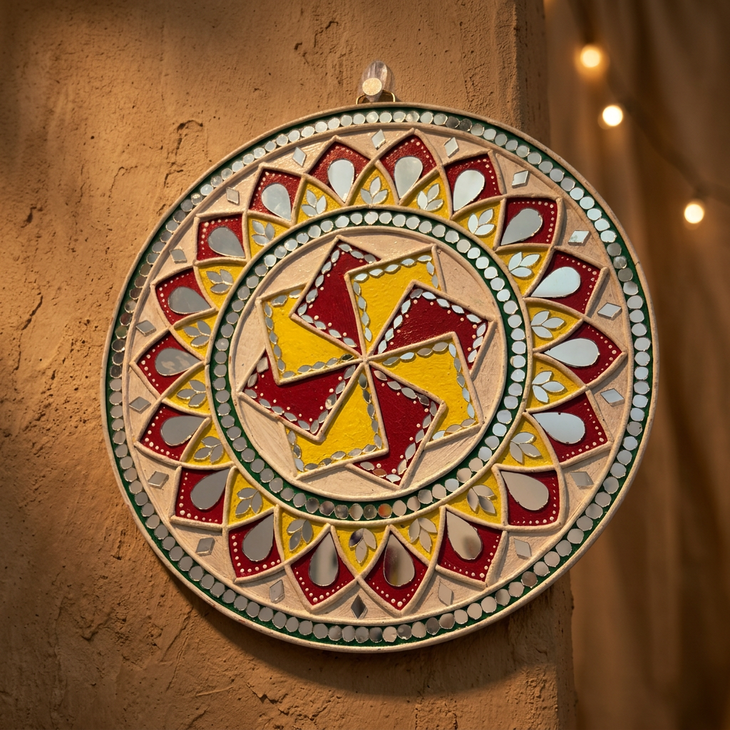 SUJATA CREATIONS Multi Swastik Lippan Art 10 Inch Round Handmade Auspicious Wall Showpiece Traditional Decor Pack of 1 Piece