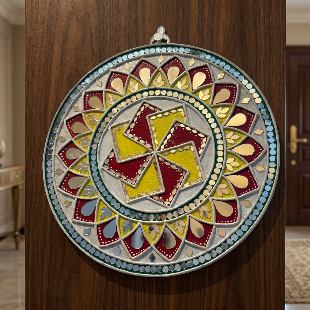 SUJATA CREATIONS Multi Swastik Lippan Art 10 Inch Round Handmade Auspicious Wall Showpiece Traditional Decor Pack of 1 Piece