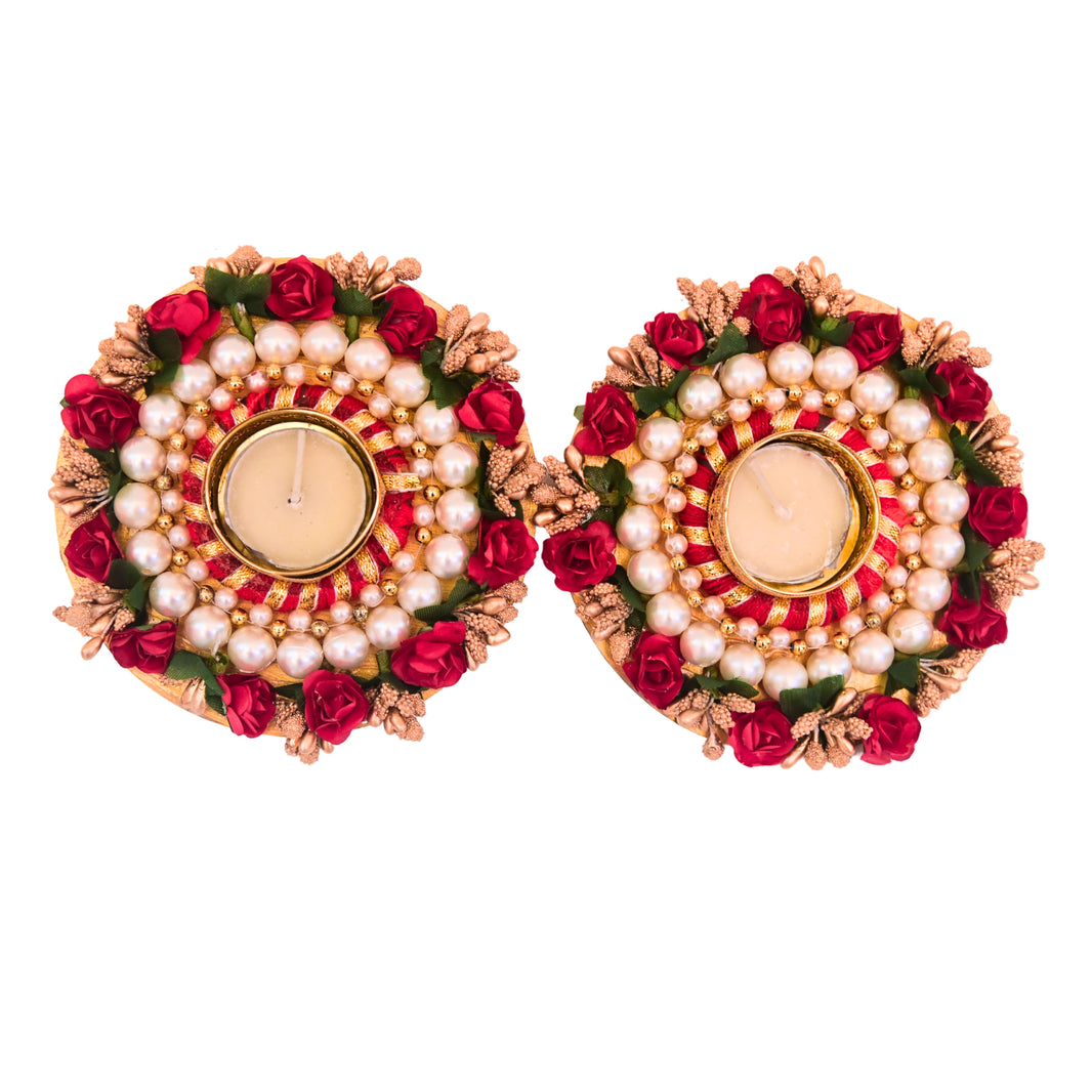 SNEHAL'S CRAFT House Red Rose Circle Candle Holder, 5x5, Made By Krantijyoti SHG, Pack of 2 Pieces