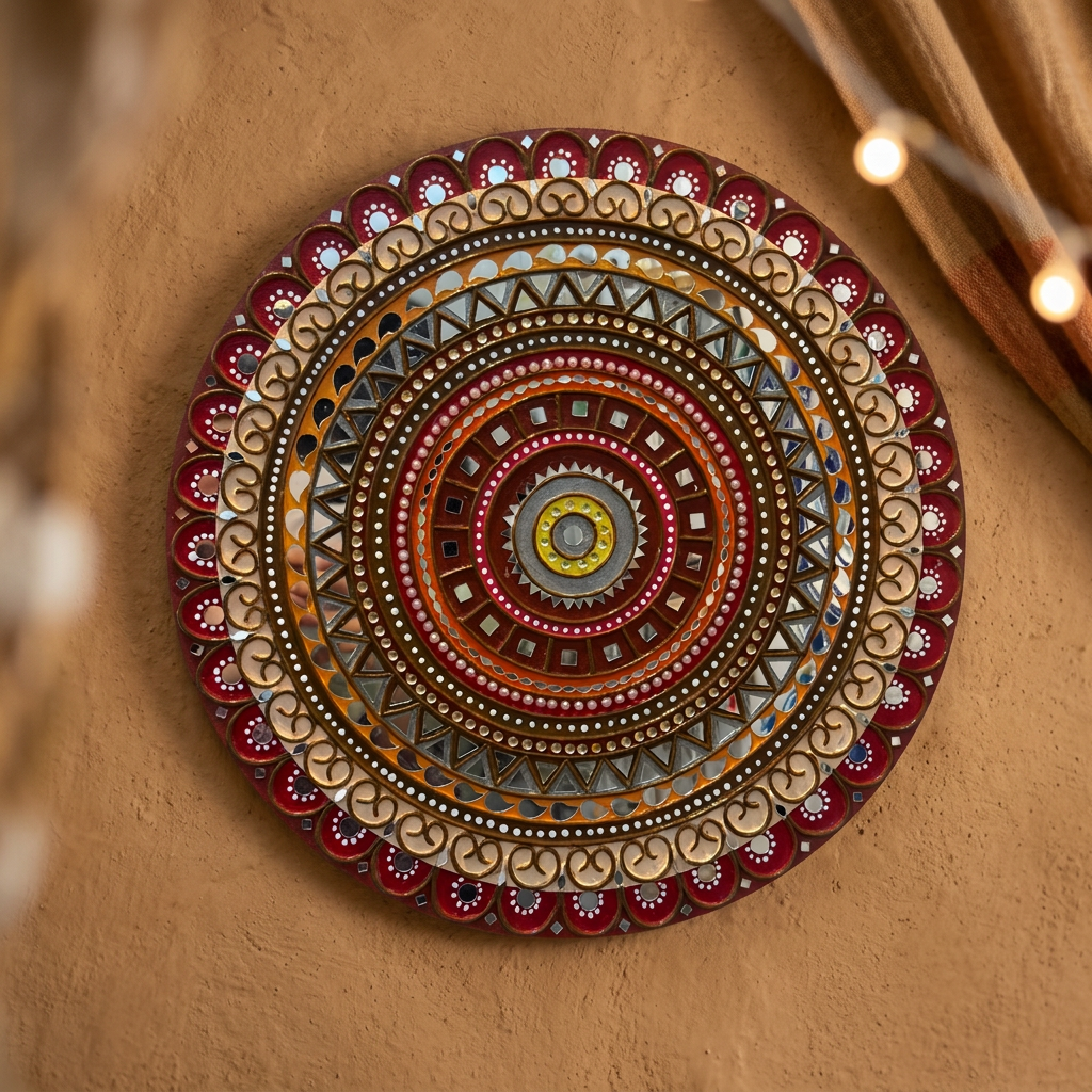 SUJATA CREATIONS Red Yellow Border Multicolour Lippan Art 15 Inch Round Handmade Decorative Wall Showpiece Ethnic Home Decor Pack of 1 Piece