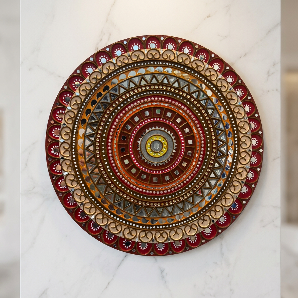 SUJATA CREATIONS Red Yellow Border Multicolour Lippan Art 15 Inch Round Handmade Decorative Wall Showpiece Ethnic Home Decor Pack of 1 Piece
