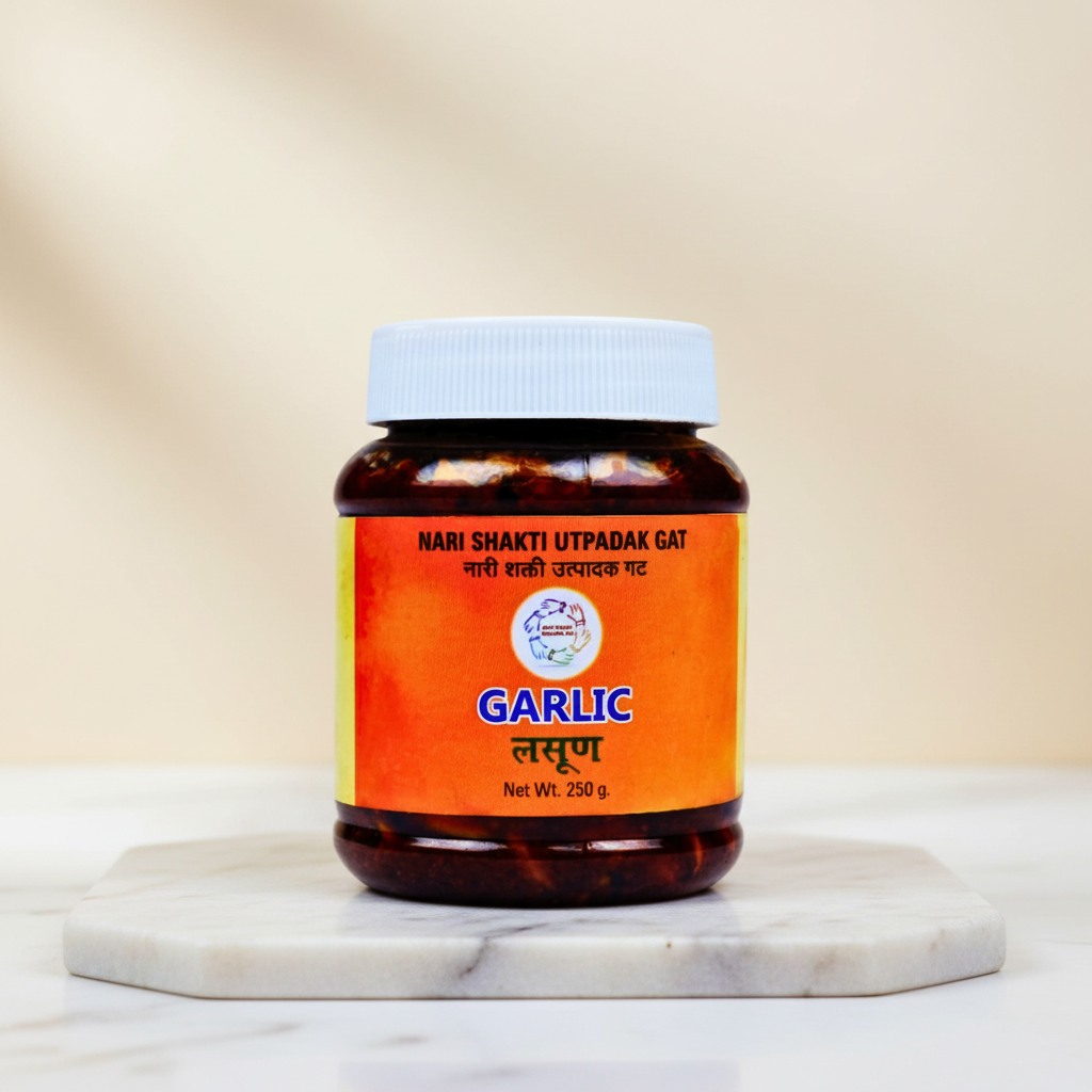 NARISHAKTI Garlic Pickle | Traditional Flavor, Premium Quality, Made by Women SHGs, Wholesome & Healthy | Pack of 250gm