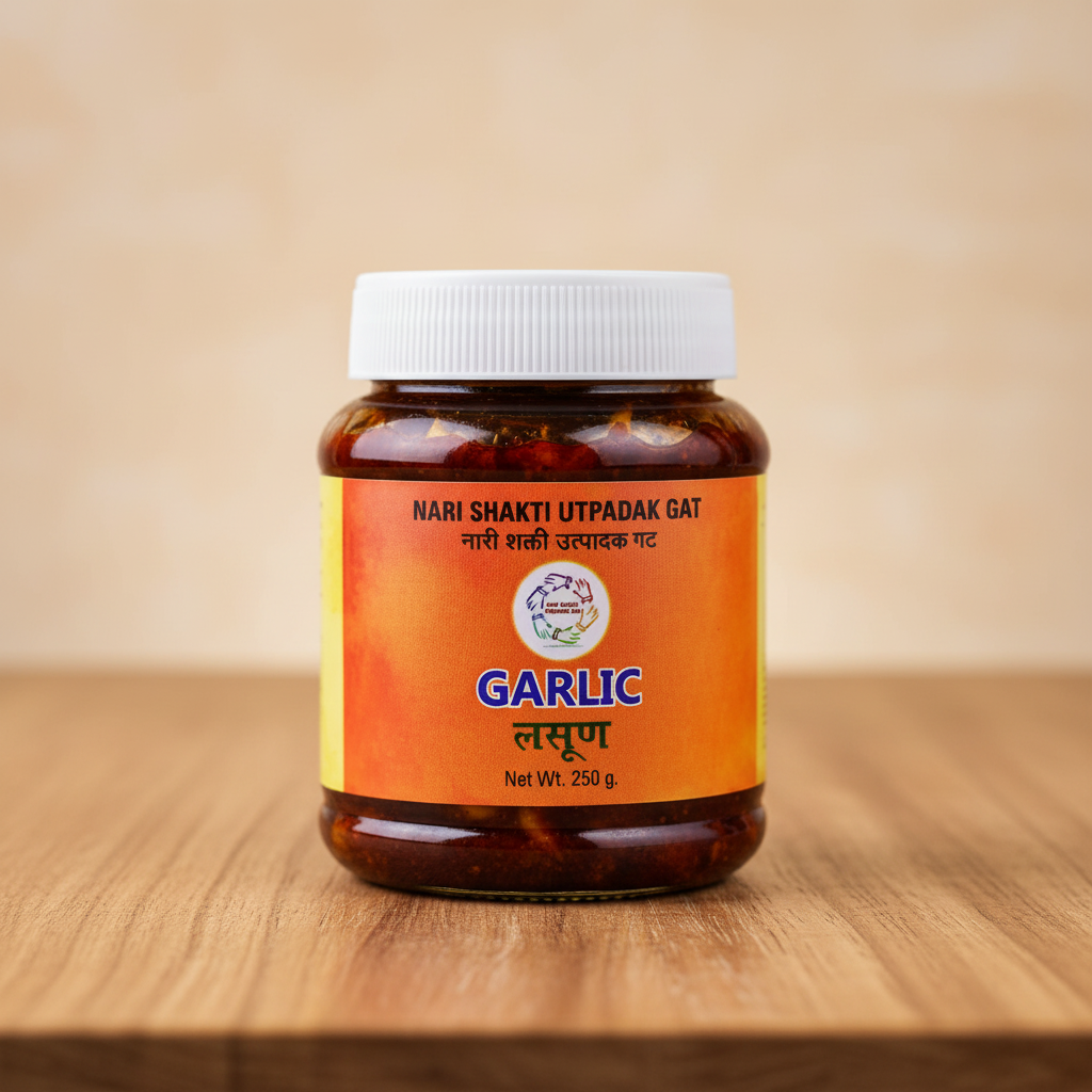 NARISHAKTI Garlic Pickle | Traditional Flavor, Premium Quality, Made by Women SHGs, Wholesome & Healthy | Pack of 250gm
