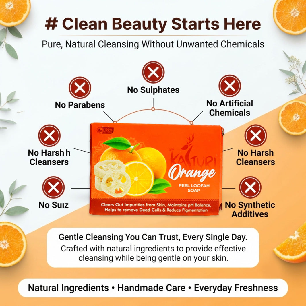 KASTURI Orange Peel Herbal Soap Handmade Exfoliating Cleanser Natural Ingredients No Artificial Chemicals Pack of 4