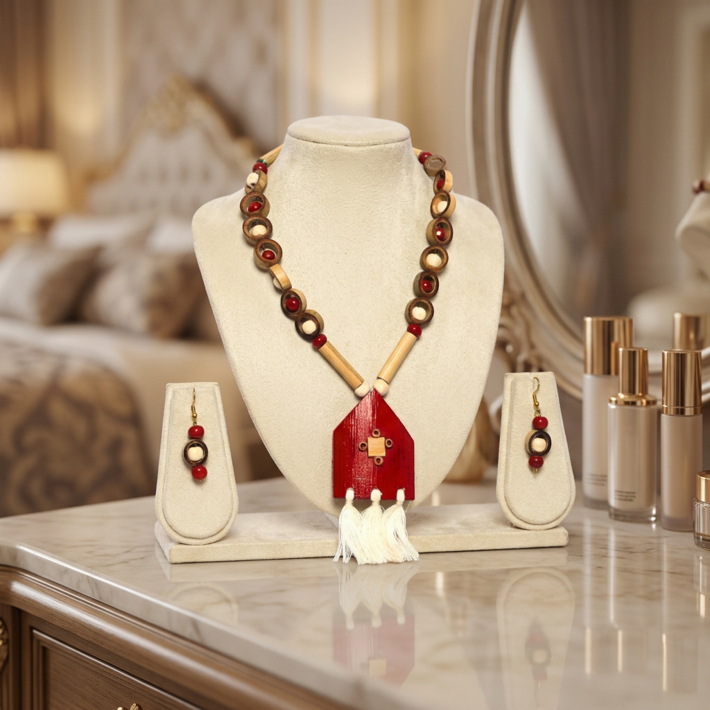 ECO AURA Rani Har, Bamboo Neckless with Ear Rings, Bamboo ART, Ujjwala SHG, Natural Wood, Local Craftsmanship, Pack of 1 No