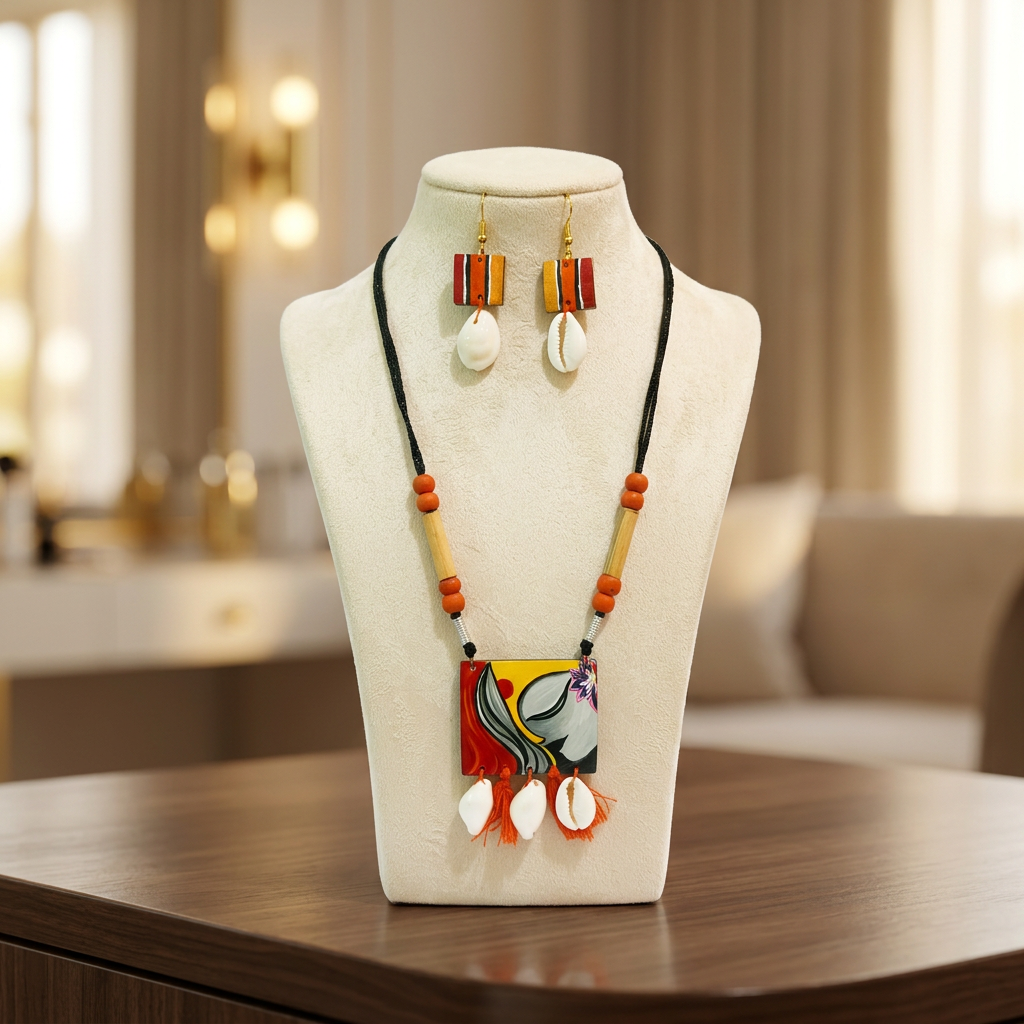 ECO AURA Chain Har, Bamboo Neckless with Ear Rings, Bamboo ART, Ujjwala SHG, Natural Wood, Local Craftsmanship, Pack of 1 No