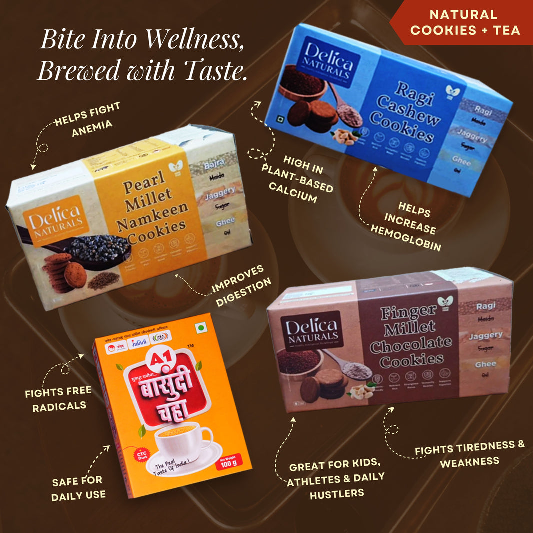 UMED MART A1 Basundi Tea Powder & Ragi Chocolate Cookies, Ragi Cashew Nut Cookies, and Bajra Namkeen Cookies (100 Gram each), Natural Flavored, No Artificial Colors, Handcrafted Tea, Pack of 4, 100 gms (90 cups)