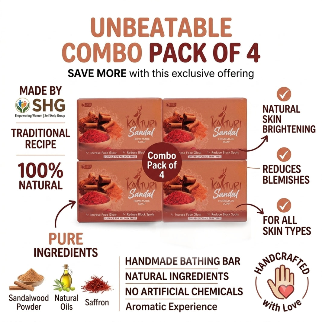 KASTURI Sandalwood Soap Handmade Bathing Bar Natural Ingredients No Artificial Chemicals Gentle Skin Cleansing Pack of 4 X 100 gms each