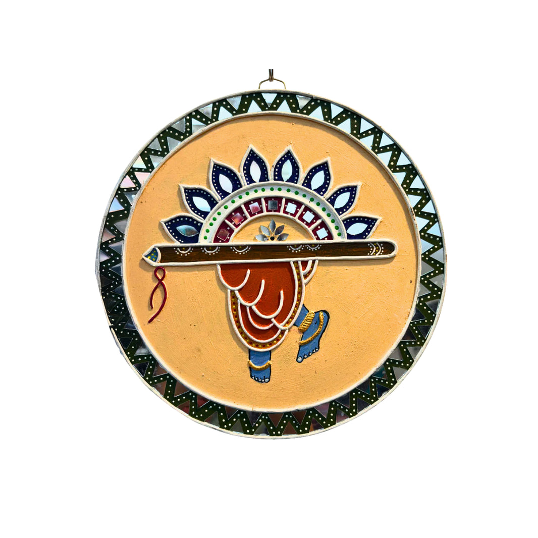 SUJATA CREATIONS Krishna Flute Foot Lippan Art 10 Inch Round Handmade Devotional Wall Showpiece Spiritual Home Decor Pack of 1 Piece