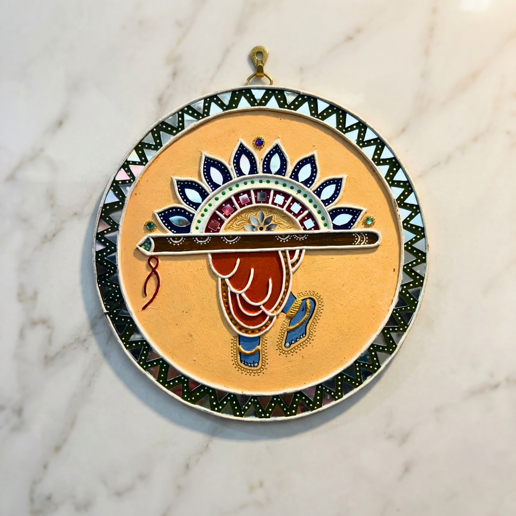 SUJATA CREATIONS Krishna Flute Foot Lippan Art 10 Inch Round Handmade Devotional Wall Showpiece Spiritual Home Decor Pack of 1 Piece