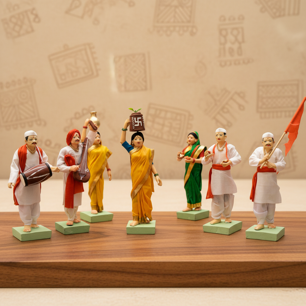 PRAGATI Handmade Warkari Set of 7 Clay Idols Natural Soil Terracotta Devotional Statues Pack of 14 Units